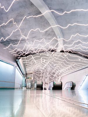 Amazing artwork at Odenplan metro station. Interior of platform, escalator without people.